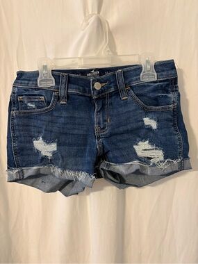 Hollister Dark Blue Distressed Rolled-Hem Denim Shorts